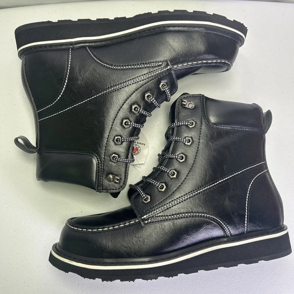 ANGRYRAM Men's Steel Toe Work Boots Size 10 Black Moc Toe Wedge Sole NWB